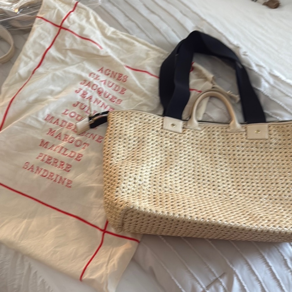 Clare V Beige Woven Tote Bag with Black Handles
